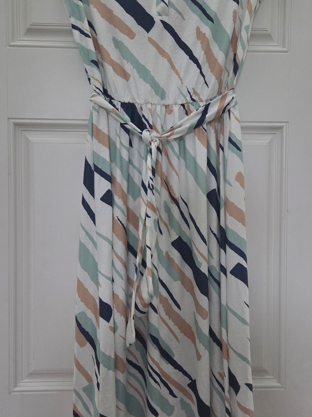 PatPat Family Matching White Maxi Dress with Navy, Mint & Tan Brush Stripes